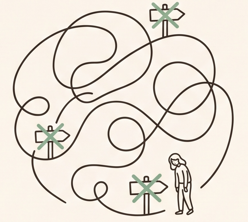 A person standing lost in a maze of tangled paths and crossed-out signposts