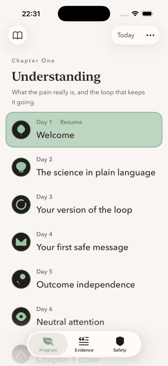 Relief's Program on iPhone: a guided daily path out of pain
